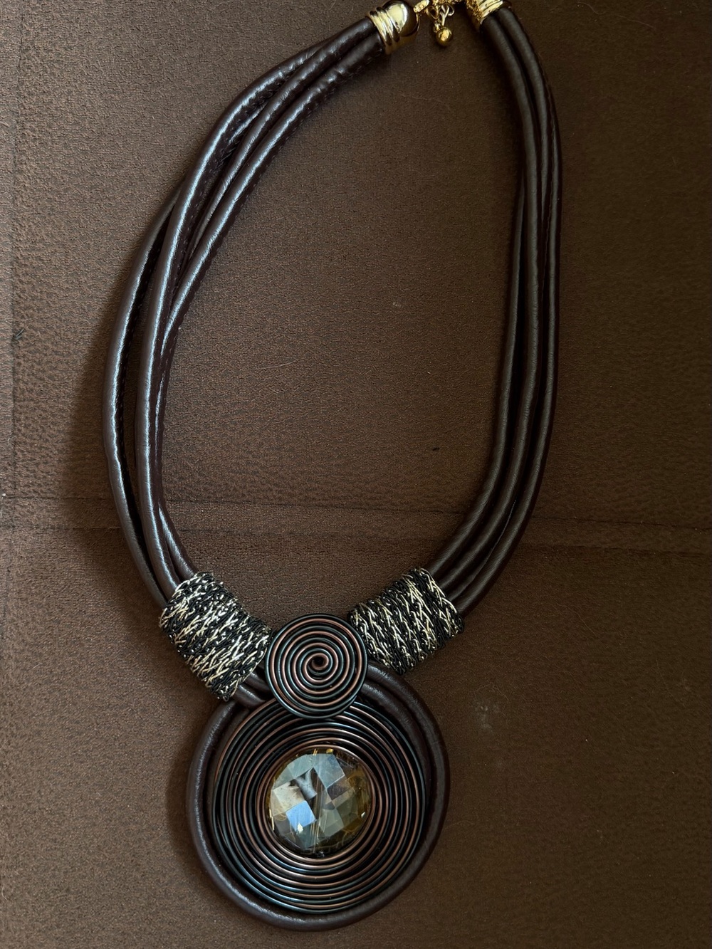 Statement Brown Leather Necklace with Spiral Pendant